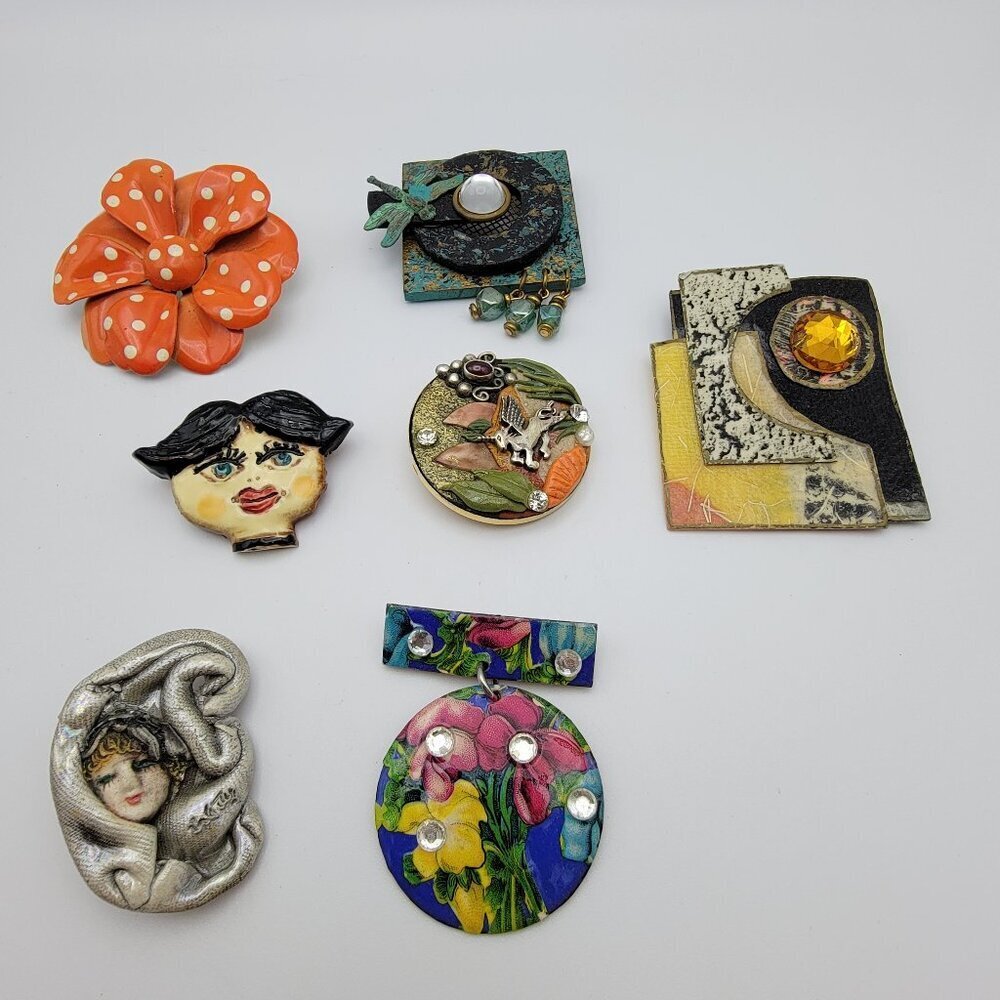 Vintage Art Nouveau Deco Brooch 7-Piece Lot Enamel Flower Unicorn Face Abstract